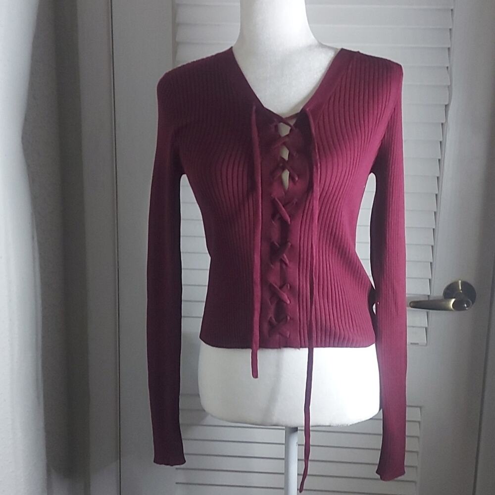 Ambiance Apparel Long Sleeve Lace Up Front Maroon Top L NEW Winter Cozycore Y2K